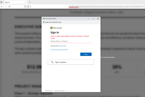 Un site web cu un formular de autentificare Microsoft care pare legitim, dar care redirecționează în secret traficul către atacatori